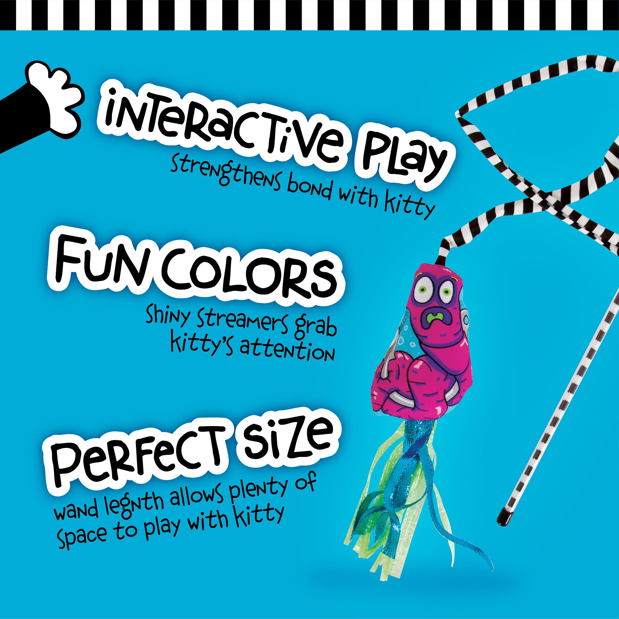 The FAT CAT Catfisher Teasers - Worm Cat Wand by Fatcat features a blue background and is designed for interactive play to strengthen bonds. It captivates with fun colors, shiny streamers, stripes, a cartoon fish, and includes organic catnip for added allure.