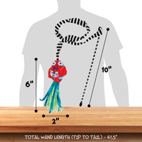 The FAT CAT Catfisher Teasers Crawdaddy Wand by Fatcat features a striped design with a colorful fish and ribbons on an elastic cord. Ideal for interactive play, it includes organic catnip and measures 41.5 inches in length.