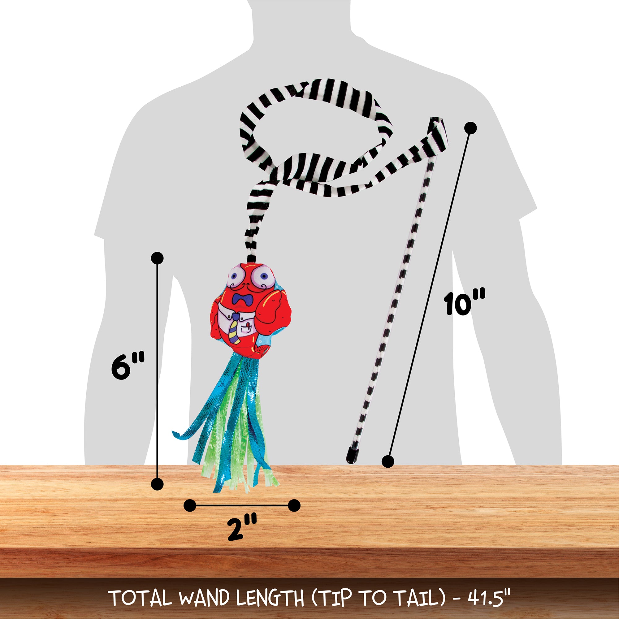 The FAT CAT Catfisher Teasers Crawdaddy Wand by Fatcat features a striped design with a colorful fish and ribbons on an elastic cord. Ideal for interactive play, it includes organic catnip and measures 41.5 inches in length.