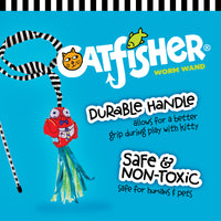 The image features the FAT CAT Catfisher Teasers - Crawdaddy Wand by Fatcat. It includes a durable handle and colorful striped toy with tassels, enriched with organic catnip for safety. The bright blue background and charming striped border enhance its appeal for interactive play.