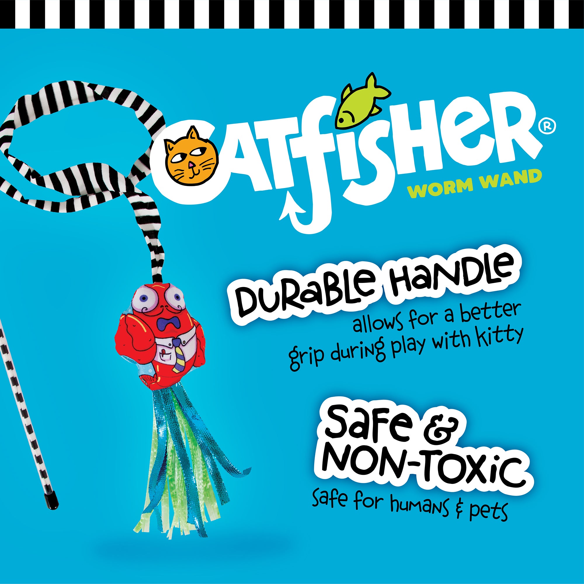 The image features the FAT CAT Catfisher Teasers - Crawdaddy Wand by Fatcat. It includes a durable handle and colorful striped toy with tassels, enriched with organic catnip for safety. The bright blue background and charming striped border enhance its appeal for interactive play.
