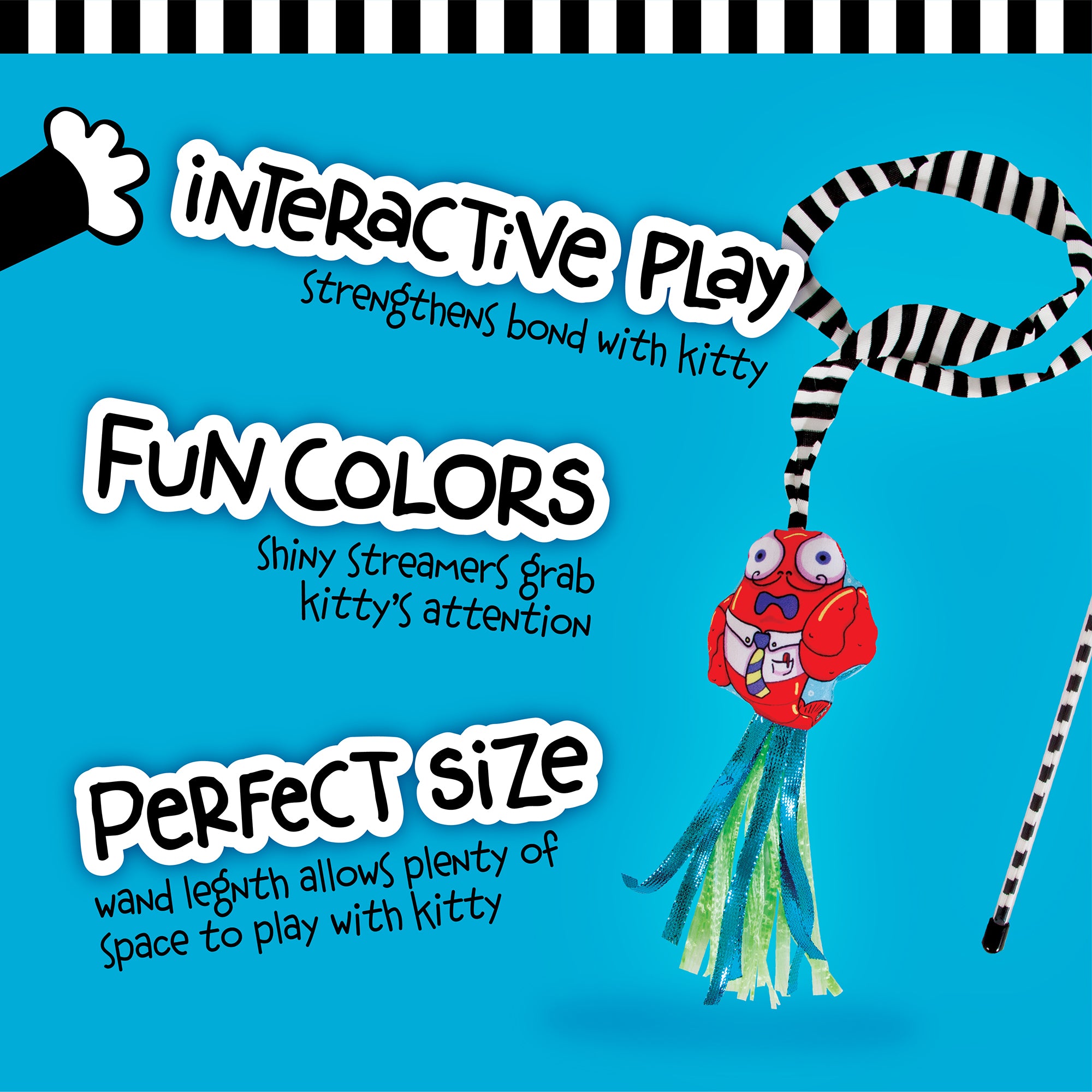 The FAT CAT Catfisher Teasers - Crawdaddy Wand by Fatcat is a vibrant cat toy set on a cyan background, with a striped handle, shiny streamers, and a red crab attachment. Perfect for interactive play with engaging colors and an ideal size for cats.