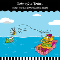 A cartoon cat in a purple hat and green vest uses its Fatcat FAT CAT Catfisher Teasers - Crawdaddy Wand to fish from a pink boat, catching a bee while a green fish smiles nearby under a blue, cloudy sky. The text above reads: Give er a twirl.