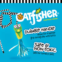 The lively packaging of the FAT CAT Catfisher Teasers - Tadpole Cat Wand by Fatcat features a frog-shaped toy with streamers for interactive play, boasting a durable handle and safety. Adorned with fish and cat graphics on a blue backdrop, its ideal for entertaining feline sessions.