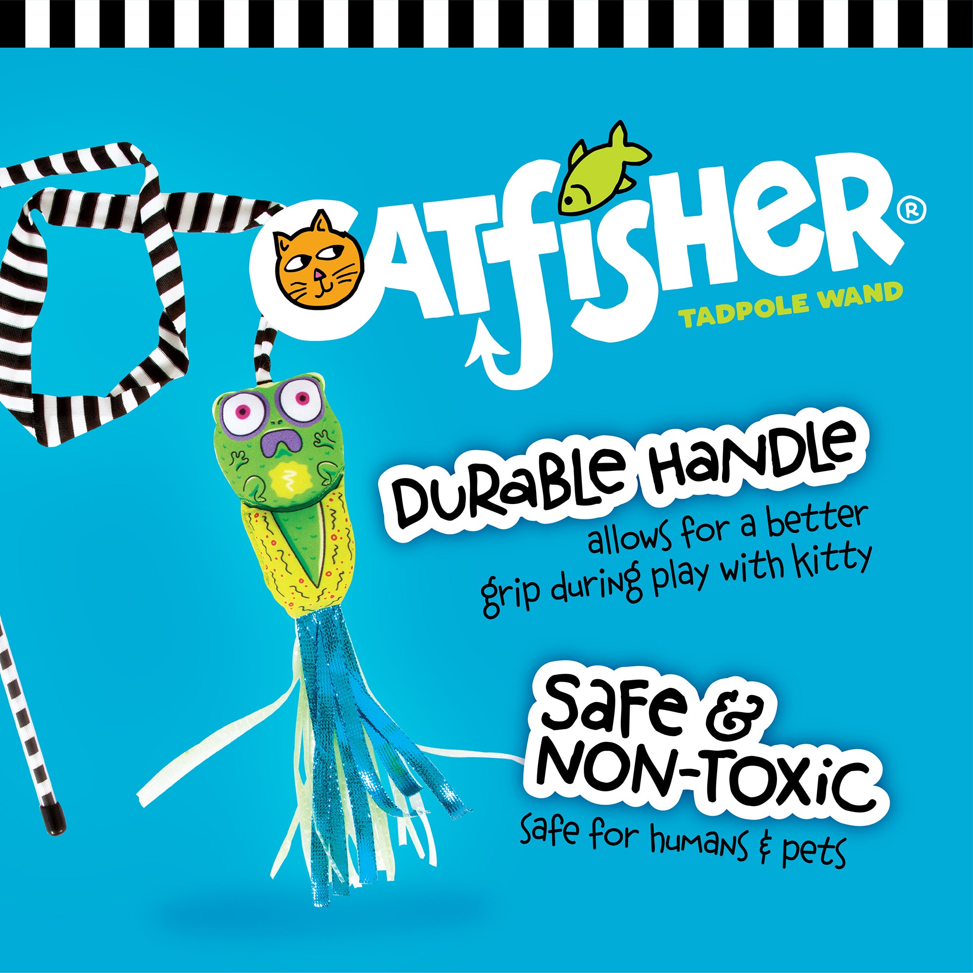 The lively packaging of the FAT CAT Catfisher Teasers - Tadpole Cat Wand by Fatcat features a frog-shaped toy with streamers for interactive play, boasting a durable handle and safety. Adorned with fish and cat graphics on a blue backdrop, its ideal for entertaining feline sessions.
