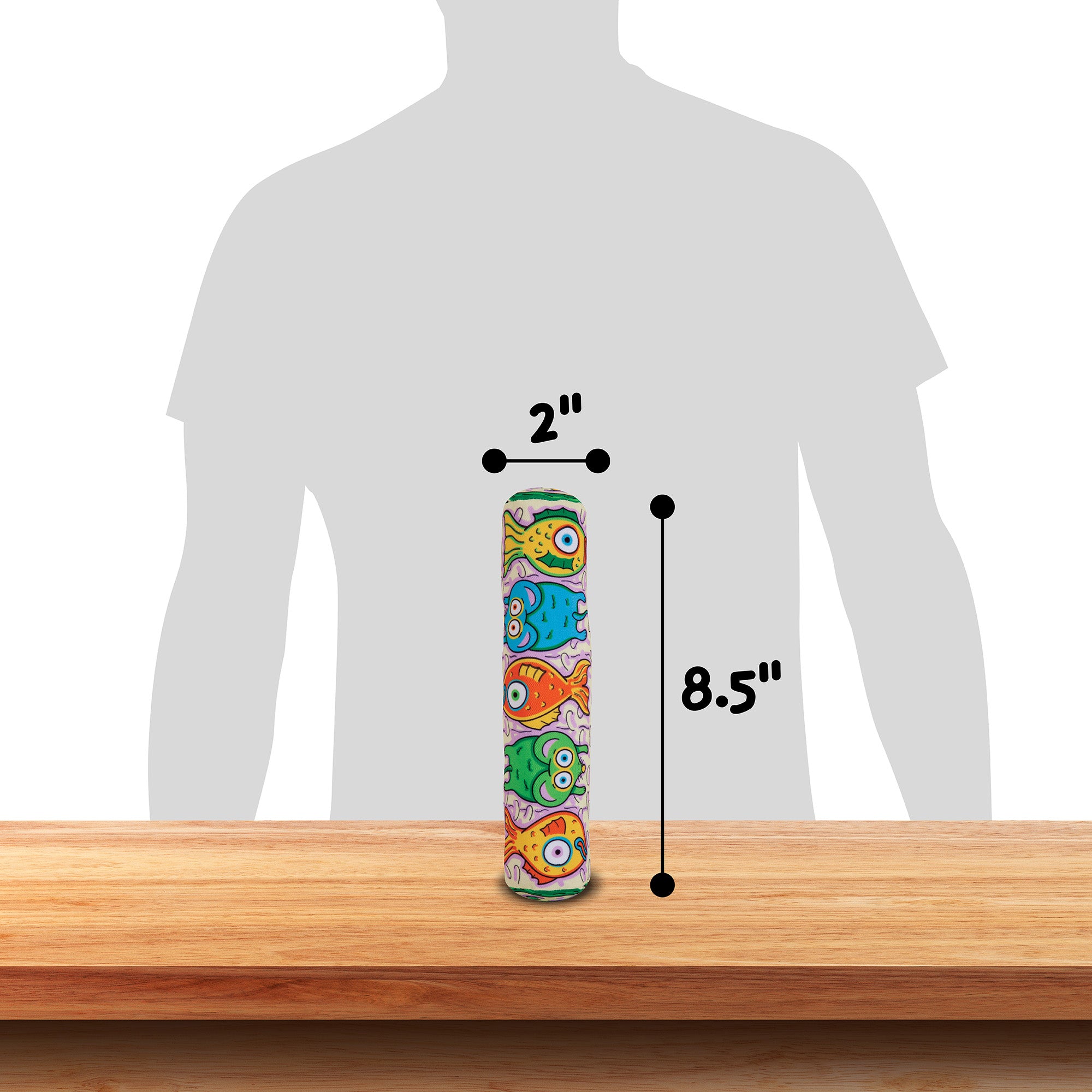 The FAT CAT Kitty Kickz Gold Fish Roll Cat Toy by Fatcat is a vibrantly colored cylinder, 8.5 inches tall and 2 inches in diameter, featuring a design with colorful fish and the playful Kitty Kickz motif on wood against an indistinct human silhouette in the background.