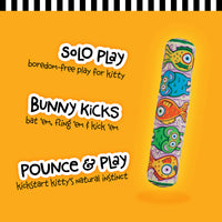 The FAT CAT Kitty Kickz Gold Fish Roll Cat Toy by Fatcat is shaped like a plush stick with cartoon fish prints against an orange backdrop. It promises boredom-free solo play, infused with organic catnip to enhance allure and ignite your kittys natural instincts.