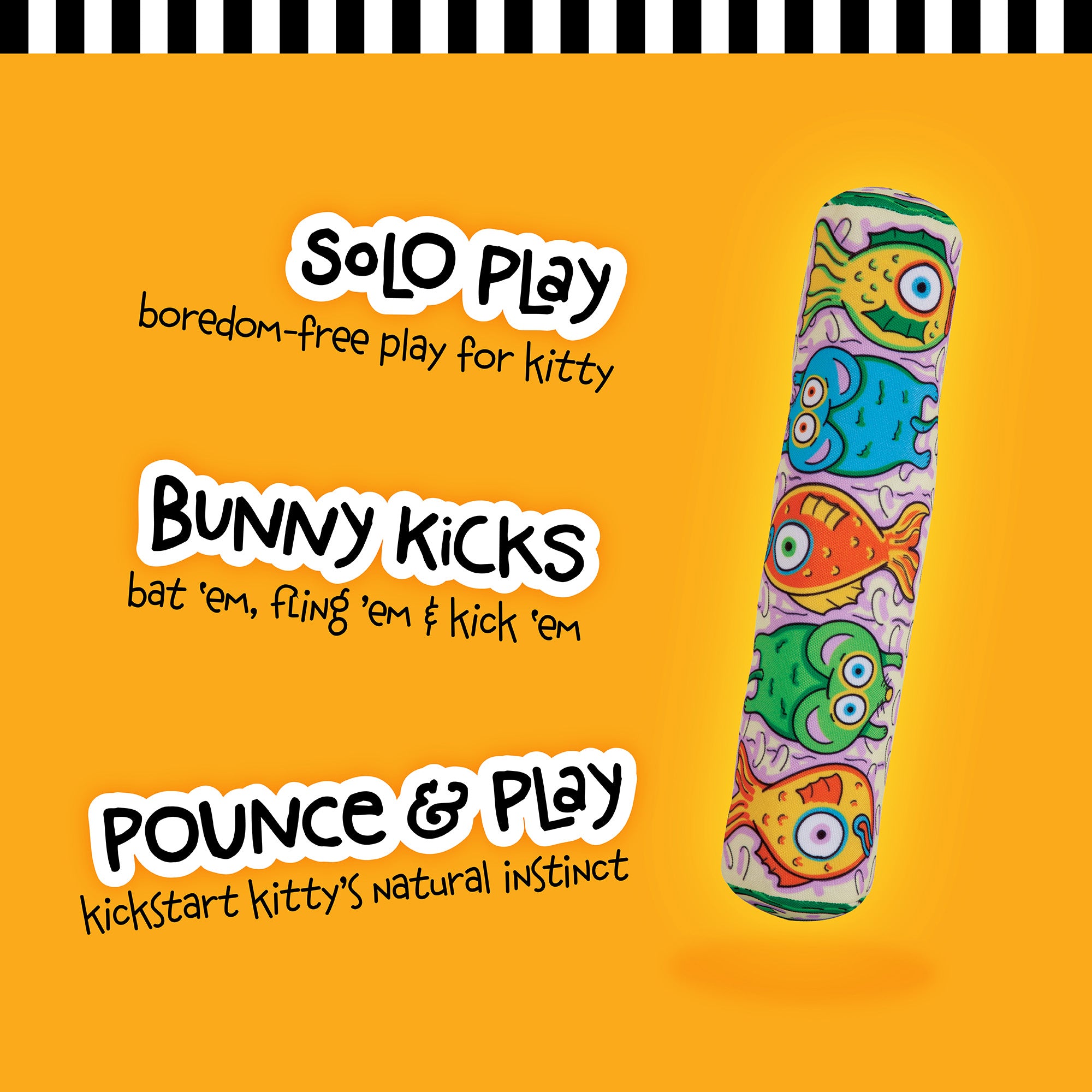 The FAT CAT Kitty Kickz Gold Fish Roll Cat Toy by Fatcat is shaped like a plush stick with cartoon fish prints against an orange backdrop. It promises boredom-free solo play, infused with organic catnip to enhance allure and ignite your kittys natural instincts.
