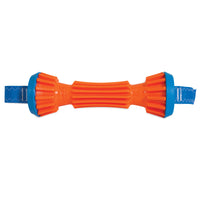 The Chuckit! Rugged Bumper Dog Toy, by Chuckit, is an orange and blue interactive fetch toy with ribbed texture and sturdy handles. Bone-shaped for fetch or tug-of-war, this rugged bumper even floats, providing endless fun for your furry friend.