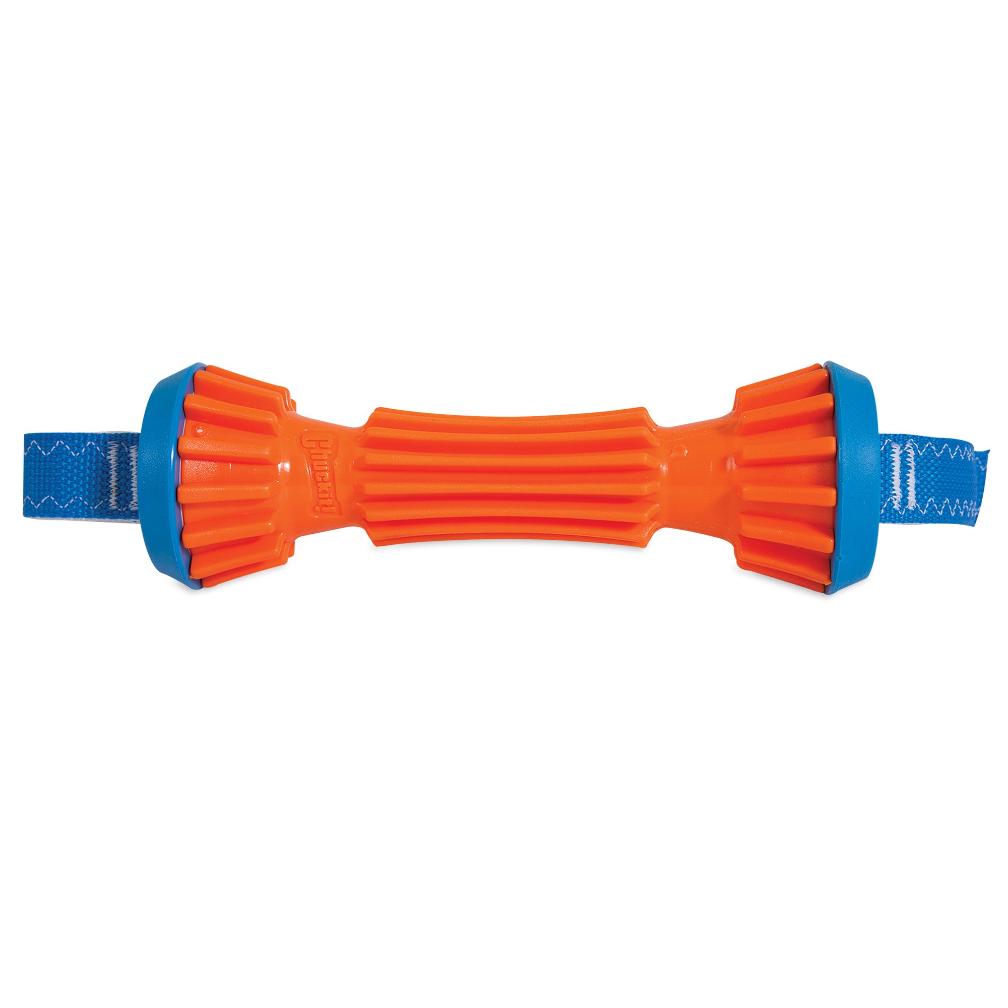 The Chuckit! Rugged Bumper Dog Toy, by Chuckit, is an orange and blue interactive fetch toy with ribbed texture and sturdy handles. Bone-shaped for fetch or tug-of-war, this rugged bumper even floats, providing endless fun for your furry friend.