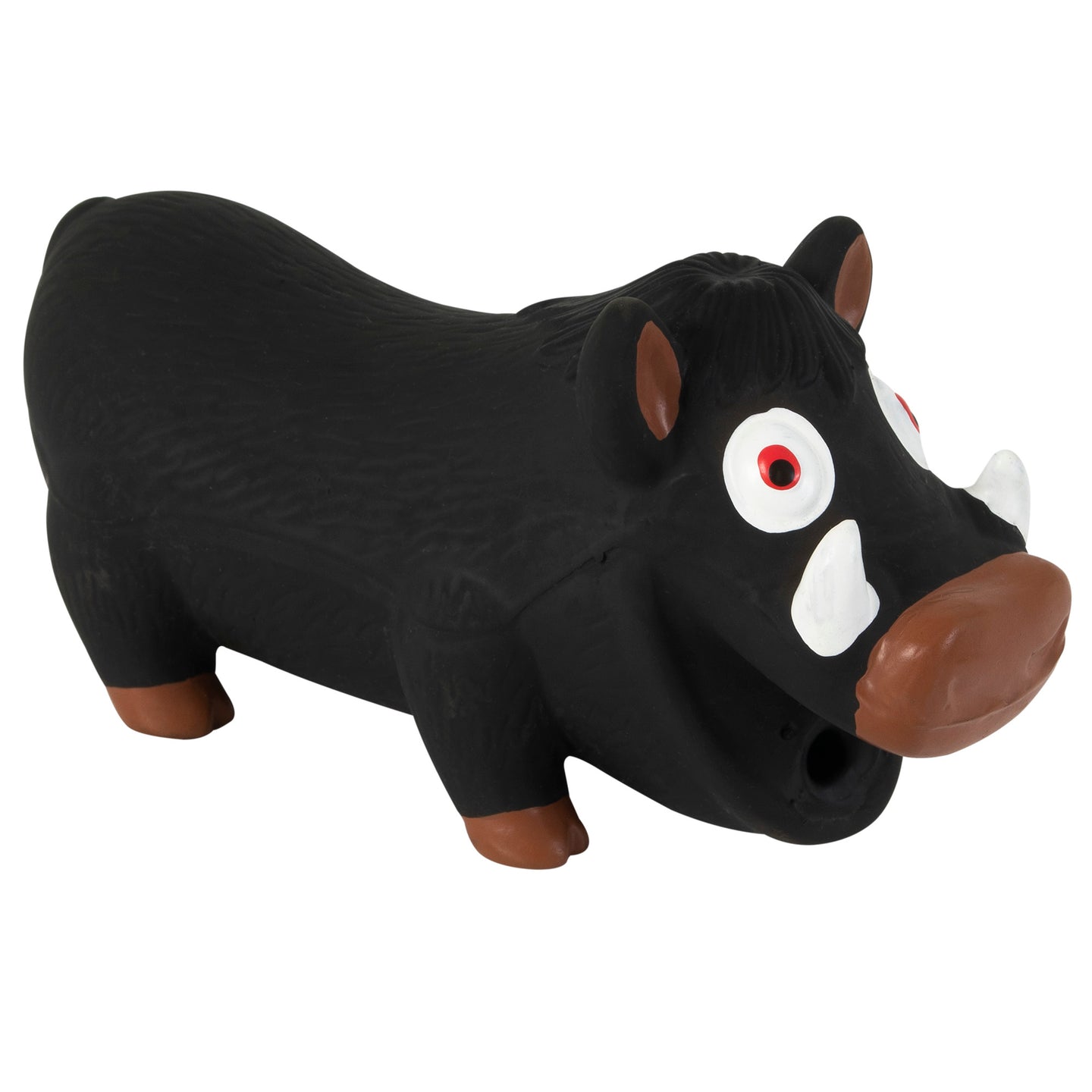 The Zoobilee Grunting Latex Warthog Dog Toy is a rubber squeaker for medium to large breeds, designed like a black boar with white tusks and red-rimmed eyes. It has brown ears, feet, and snout, plus an open mouth that grunts when squeezed.