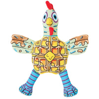 The FAT CAT Foodies Chicken n Waffles Dog Toy by Fatcat features a waffle-like body with butter and syrup, pastel swirls on the wings and head, and blue and pink striped legs for floppability®, creating a whimsical look.
