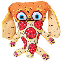 The FAT CAT Foodies Puppy-Roni Dog Toy by Fatcat is a durable polyester plush resembling a slice of pepperoni pizza with big blue cartoon eyes and floppy ears. The crust forms the head, the point serves as the body, and it includes a squeaker for extra fun. Bright and colorful design!.