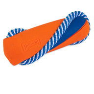 The Chuckit! Ultra Bumper Tug Dog Toy by Chuckit features bright orange rubber with a blue stripe, wrapped in blue and white rope. This durable toy is perfect for fetching and interactive play, ensuring endless fun for your pet.