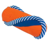 The Chuckit! Ultra Bumper Tug Dog Toy features an orange plastic design with embossed branding and a textured surface. It includes blue accents and a blue-and-white rope for fetch or tug games, showcasing Chuckits playful charm.