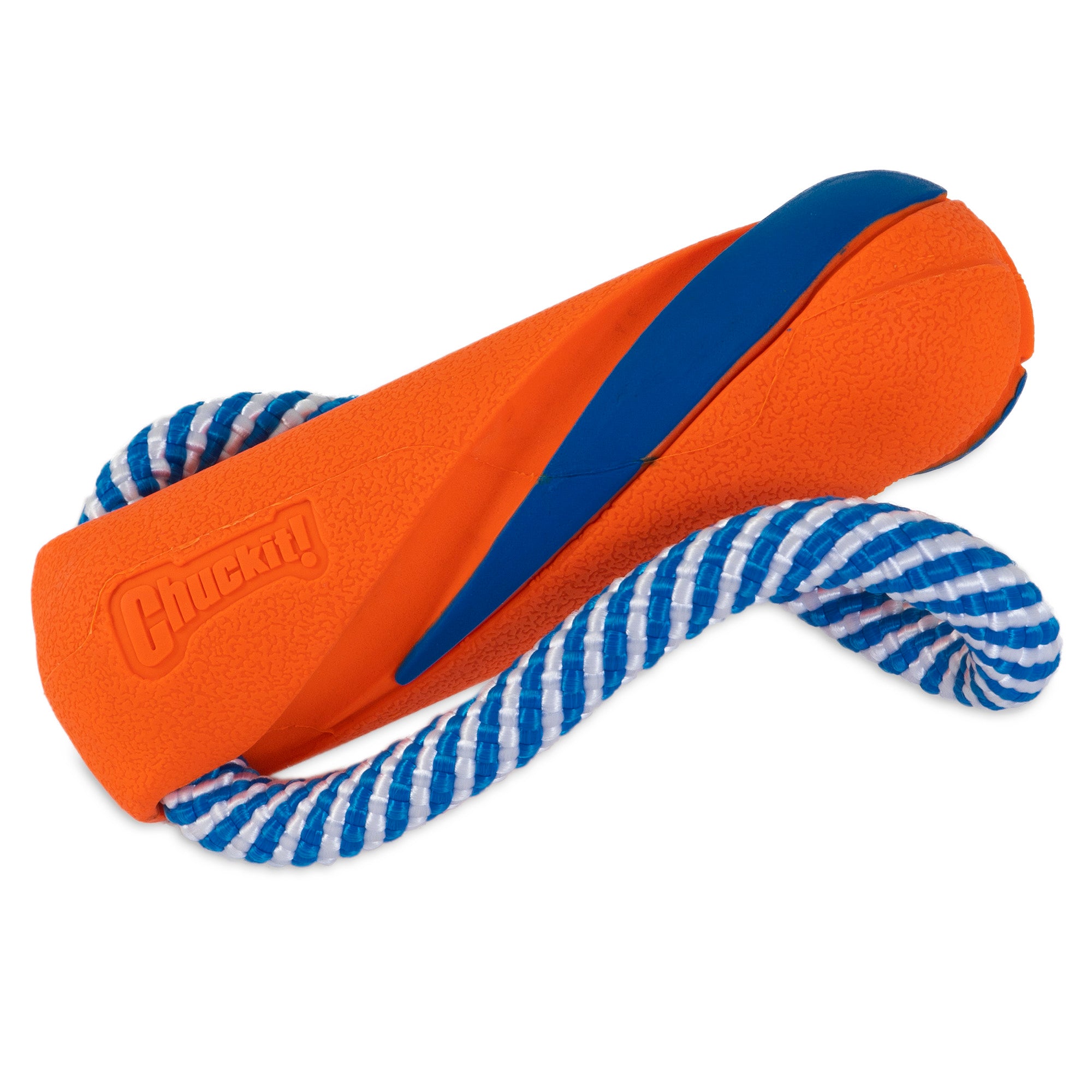 The Chuckit! Ultra Bumper Tug Dog Toy by Chuckit is a durable orange and blue rubber toy with a textured grip and an attached blue/white rope loop, ideal for fetch and tug.