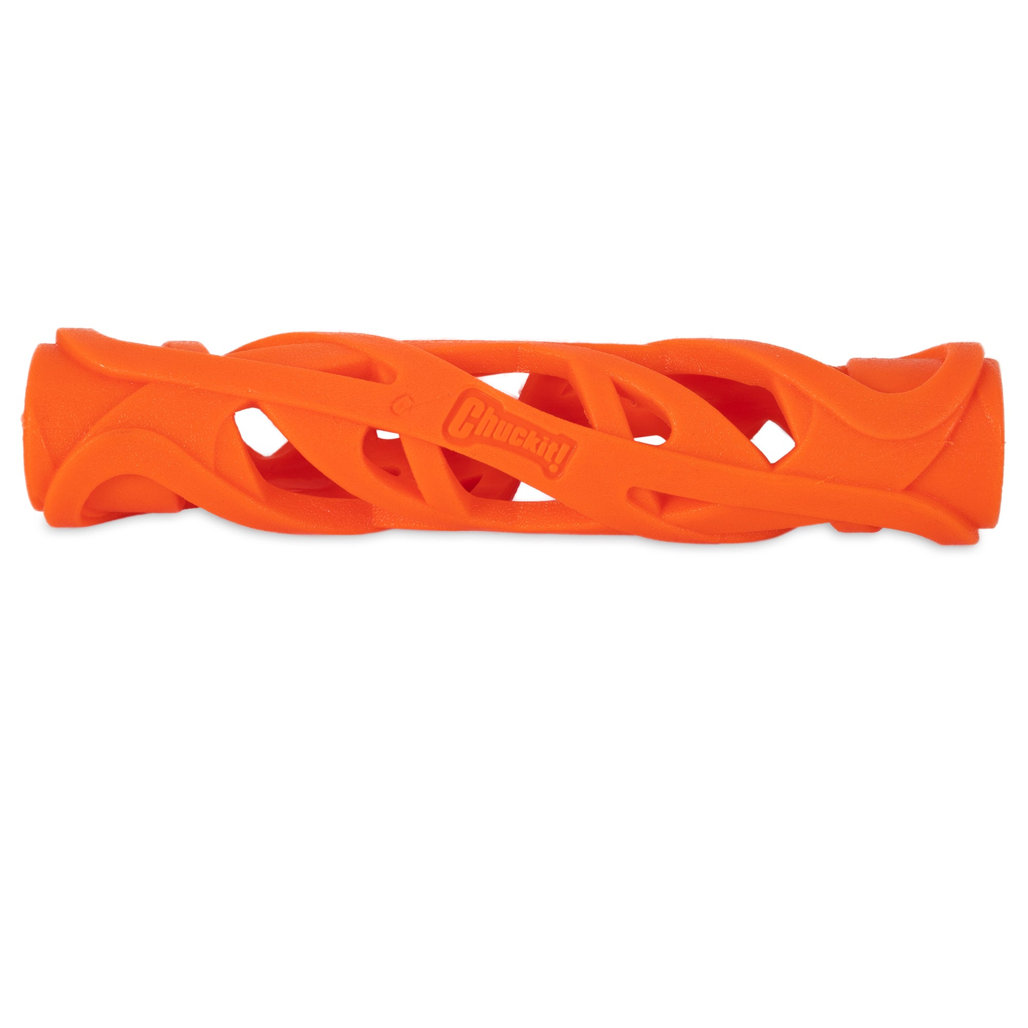 The Chuckit! Air Fetch Stick Dog Toy is an orange, hollow cylinder made from durable rubber with a wave-like cutout design. Its textured surface provides a good grip and features the embossed brand name Chuckit.