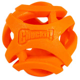 The Chuckit! Sport Launcher & Fetch Toy Set by Chuckit features an orange rubber ball-shaped dog toy with geometric cutouts and Chuckit! embossed, perfect for hands-free pickup.