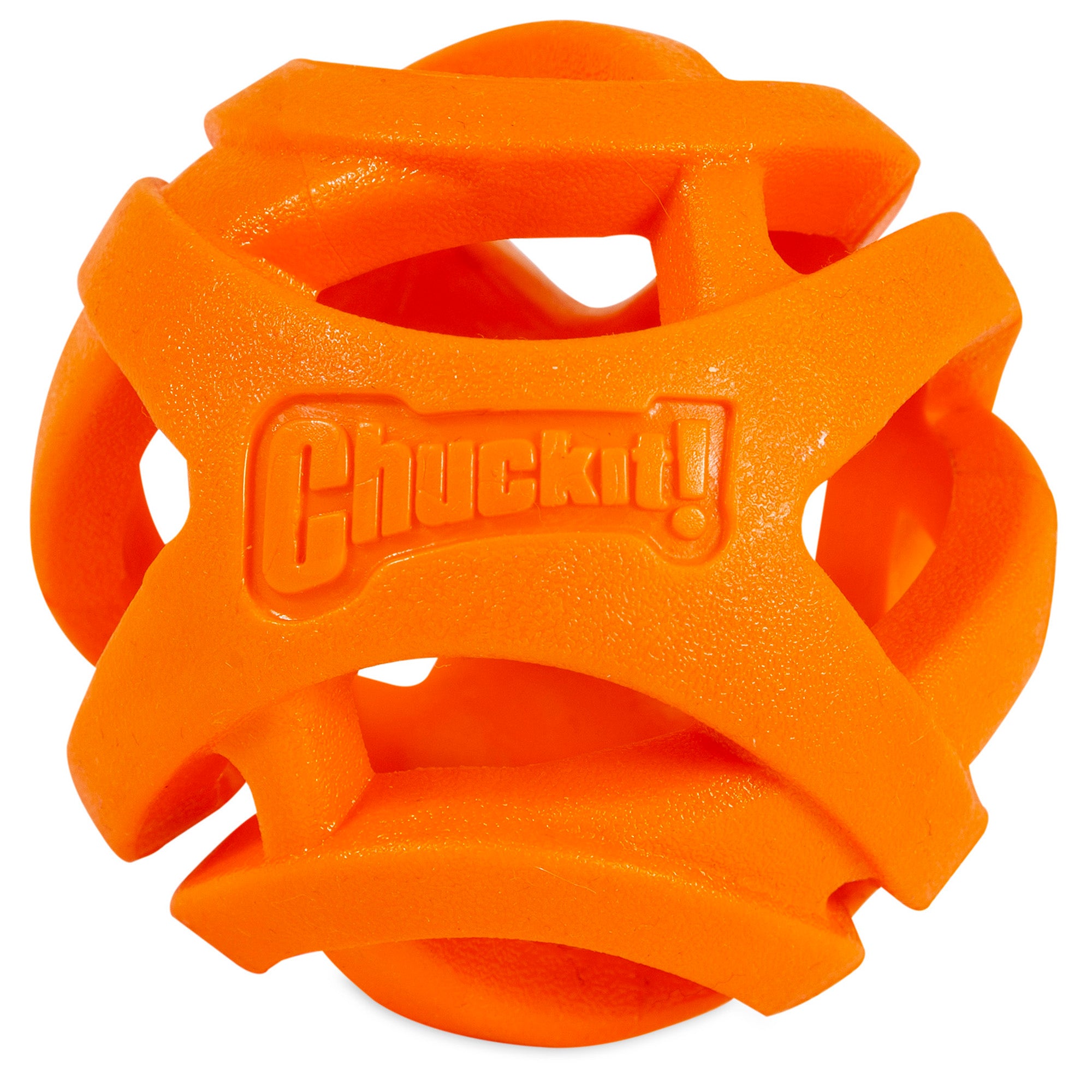 The Chuckit! Sport Launcher & Fetch Toy Set by Chuckit features an orange rubber ball-shaped dog toy with geometric cutouts and Chuckit! embossed, perfect for hands-free pickup.
