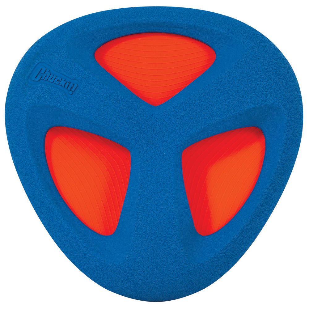 Introducing the Chuckit Fetch Flight—a durable, triangular dog toy with blue inner sails, rounded corners, and three orange curved rubber sections. Perfect for chewing and active play.
