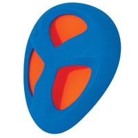 Introducing the Chuckit Fetch Flight, a durable blue and orange dog toy featuring a disc shape and flexible flyer design with three triangular cutouts for optimal flight.