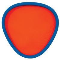A brightly colored, triangular pick resembling the Chuckit! Fetch Flight boasts a vibrant orange surface with a blue border. Designed for durability, it features subtle, textured concentric lines.