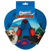 The Chuckit! Fetch Flight by Chuckit features a flexible flyer design and durable inner sail. Its blue and red circular shape includes cutouts for easy pickup, perfect for exciting fetch games. Packaging shows a woman throwing the toy.