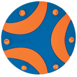 The Chuckit! Whistle Flight Dog Fetch Toy features a blue and orange round design with Chuckit! embossed on it. Its alternating curved orange segments and small raised orange center bumps make it perfect for fetch games.