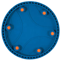 The Chuckit! Whistle Flight Dog Fetch Toy by Chuckit features a blue circular design with a textured surface, small orange bumps along the inner edge, and square indents on the rim, perfect for an exciting fetch game.