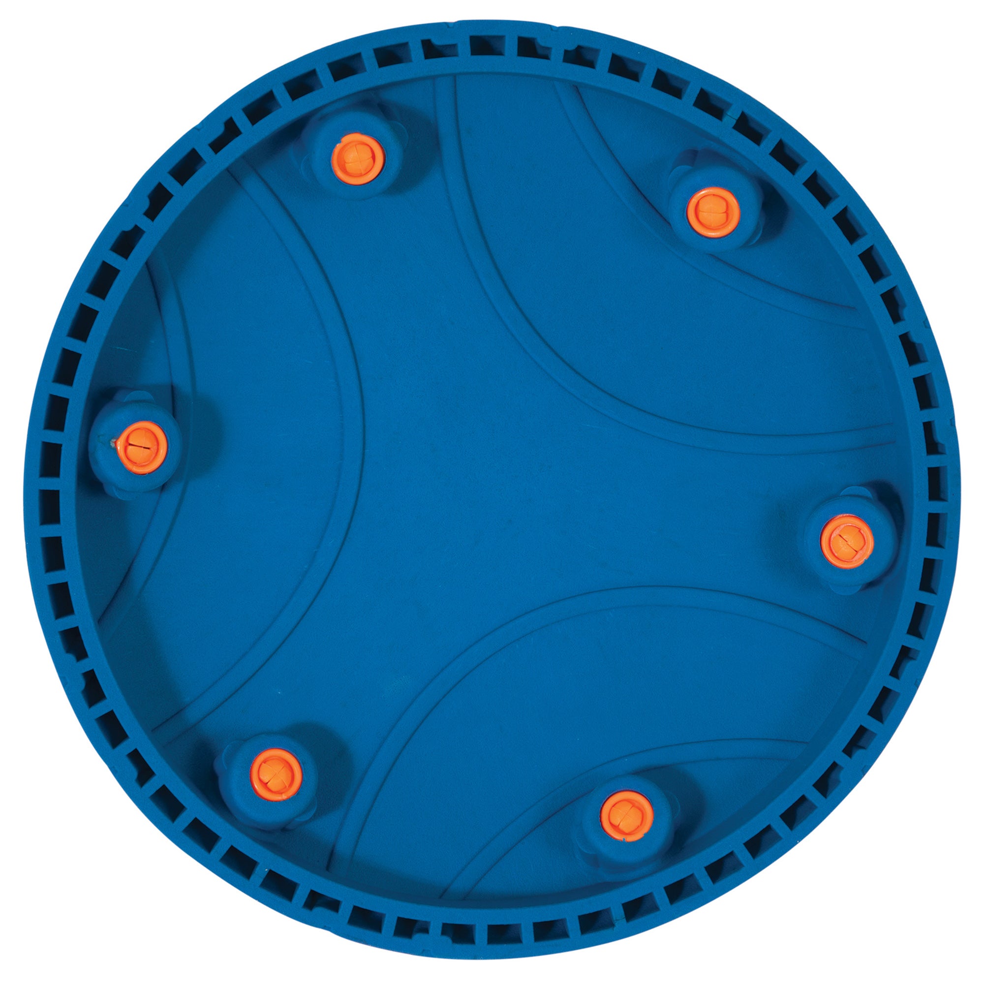 The Chuckit! Whistle Flight Dog Fetch Toy by Chuckit features a blue circular design with a textured surface, small orange bumps along the inner edge, and square indents on the rim, perfect for an exciting fetch game.