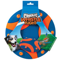 The Chuckit! Whistle Flight Dog Fetch Toys packaging features a playful dog photo that captures the spirit of playtime, while the frisbees vibrant blue and orange design is perfect for endless fetch games with your furry friend.
