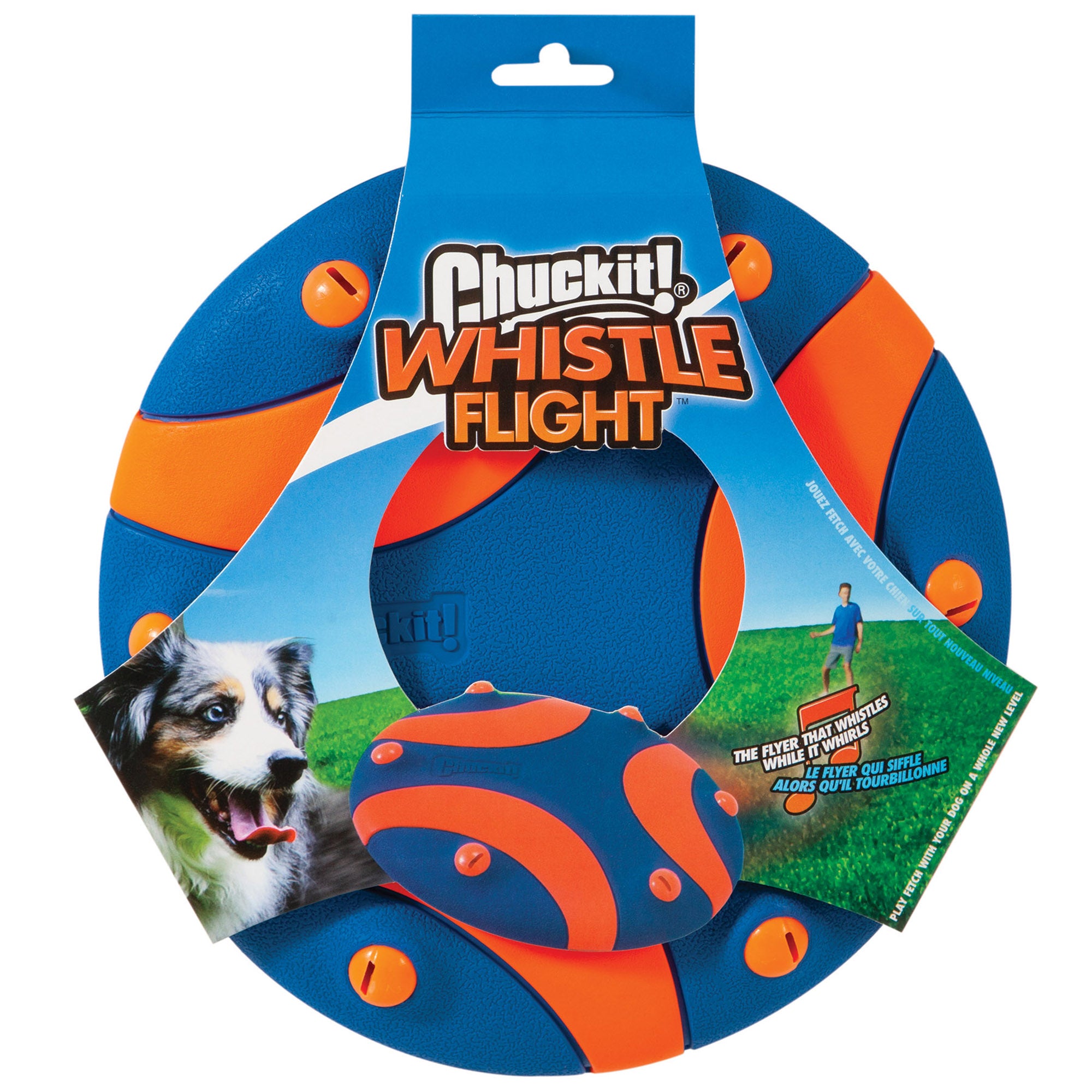 The Chuckit! Whistle Flight Dog Fetch Toys packaging features a playful dog photo that captures the spirit of playtime, while the frisbees vibrant blue and orange design is perfect for endless fetch games with your furry friend.