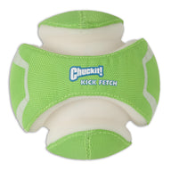 The Chuckit! Kick Fetch Max Glow is a green and white interactive dog toy by Chuckit, designed for kicking and fetching. It features a unique shape with textured panels that aid gripping, and it includes Max Glow photoluminescent material for visibility in low-light conditions.