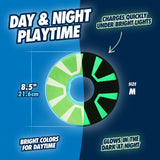 Meet the Chuckit! Zipflight Max Glow Dog Toy, a vibrant round toy by Chuckit. At 8.5 inches (21.6 cm), it features bright daytime colors and Max Glow sections for night fun, charging quickly under bright lights for endless playful excitement in the dark!.
