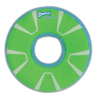 The Chuckit! Zipflight Max Glow Dog Toy is a circular, green and blue toy with glow-in-the-dark features, a central hole, and triangular patterns, displaying Chuckit! and ZipFlight for enhanced visibility during nighttime play.
