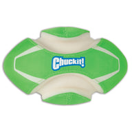 The Chuckit! Fumble Fetch Max Glow is a green and white fetch toy with textured sides for easy gripping and features the Chuckit brand name. Its unique shape is perfect for playful interactions, enhancing Fumble Fetch games with its innovative design.