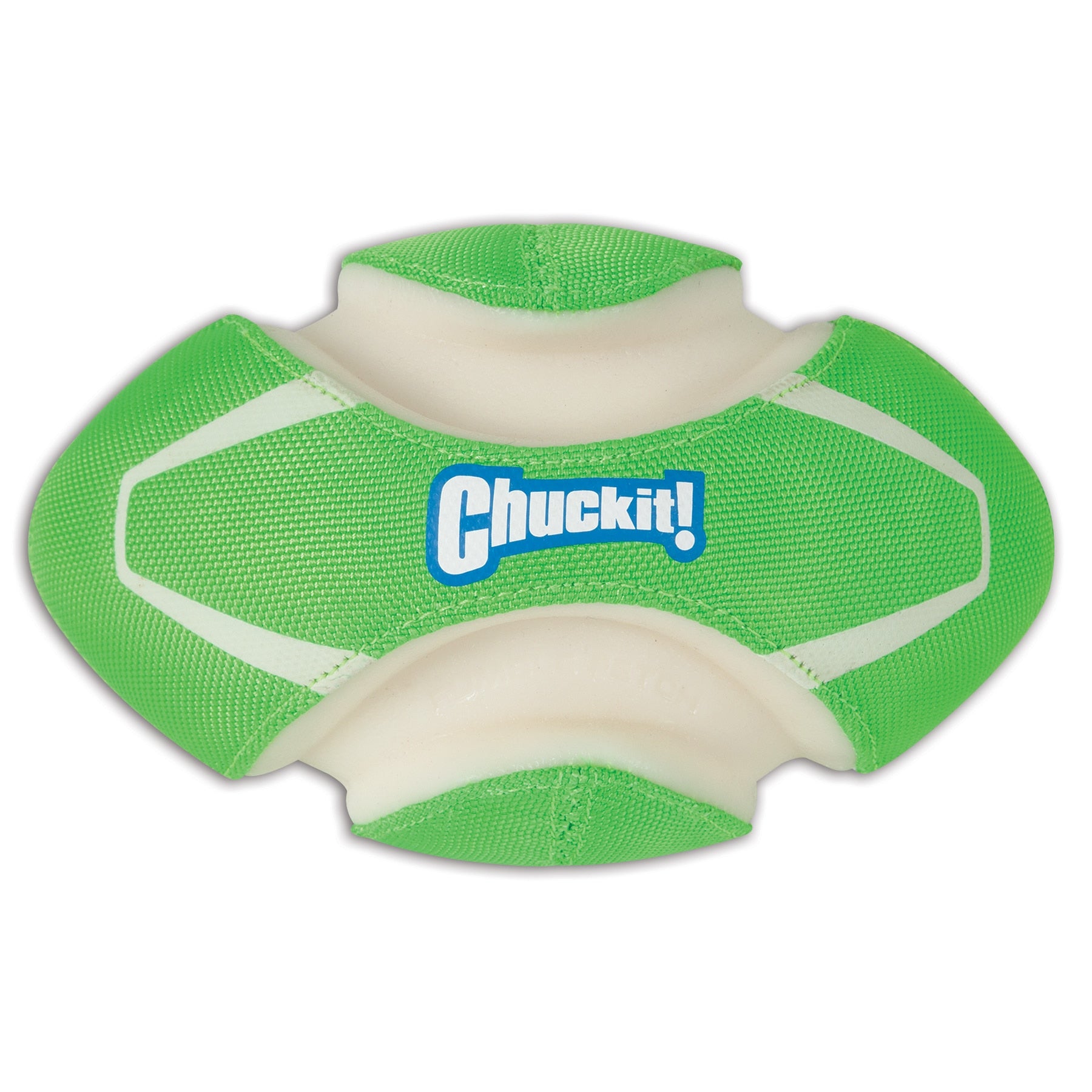 The Chuckit! Fumble Fetch Max Glow is a green and white fetch toy with textured sides for easy gripping and features the Chuckit brand name. Its unique shape is perfect for playful interactions, enhancing Fumble Fetch games with its innovative design.