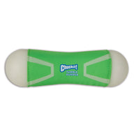 A green cylindrical fetch toy with a concave middle and Chuckit! Tumble Bumper Max Glow in blue and white text at the center. Its designed for exciting games of fetch, featuring white ends.