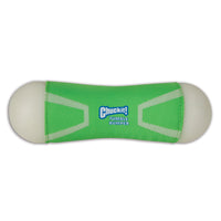 A green cylindrical fetch toy with a concave middle and Chuckit! Tumble Bumper Max Glow in blue and white text at the center. Its designed for exciting games of fetch, featuring white ends.