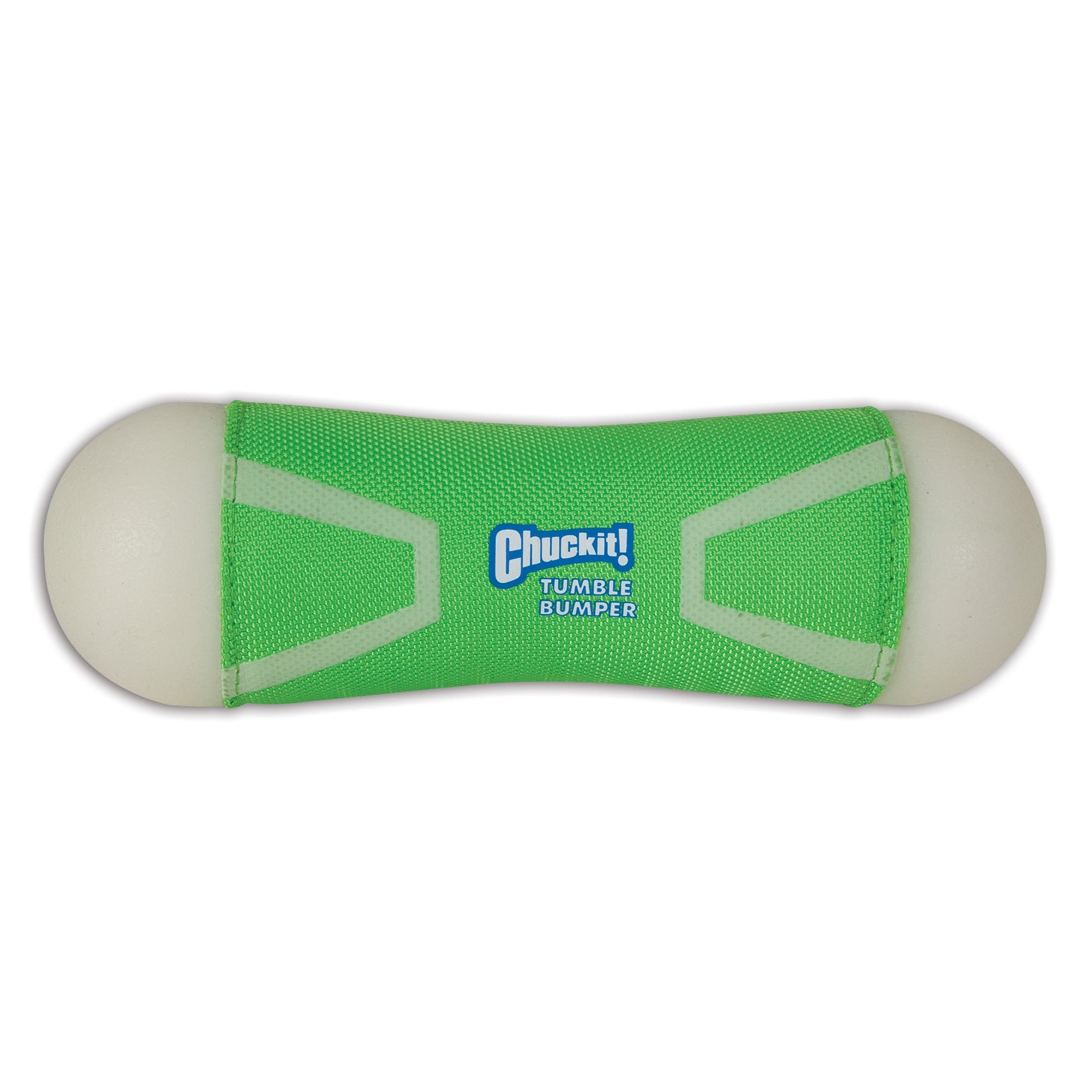 A green cylindrical fetch toy with a concave middle and Chuckit! Tumble Bumper Max Glow in blue and white text at the center. Its designed for exciting games of fetch, featuring white ends.