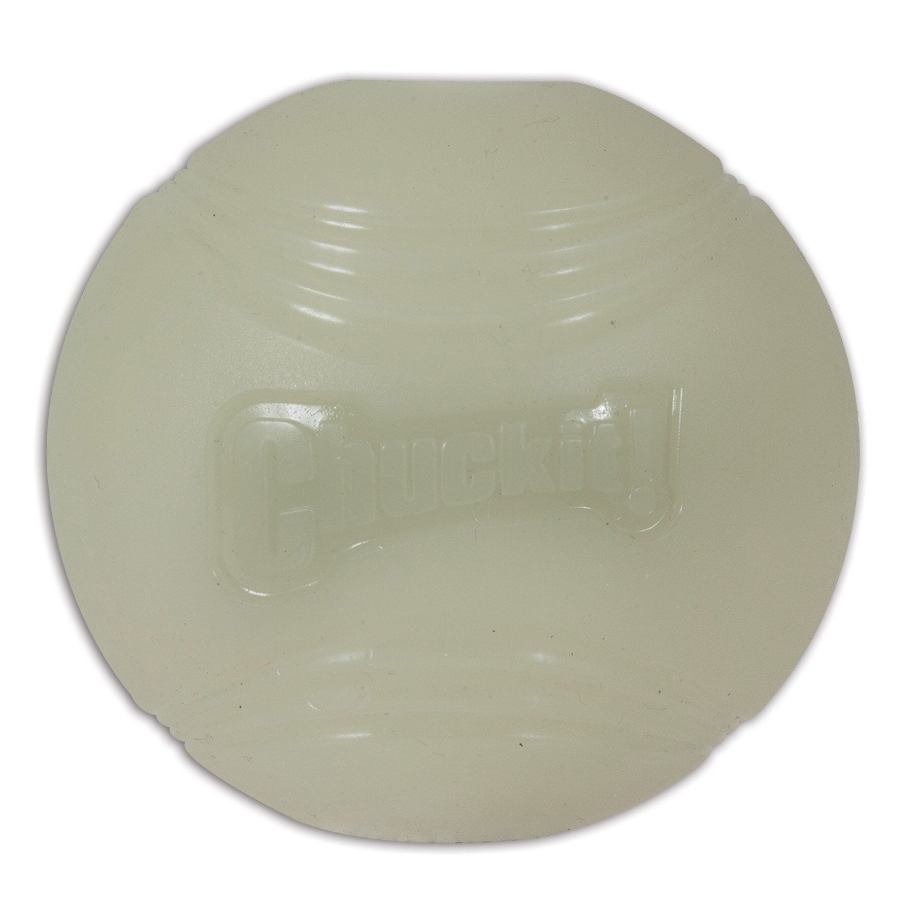 A circular frisbee with Chuckit! embossed on it features horizontal grooves and a glossy surface. Made from translucent material, it glows brightly like the Chuckit Max Glow Fetch Ball, extending playtime into the dark.