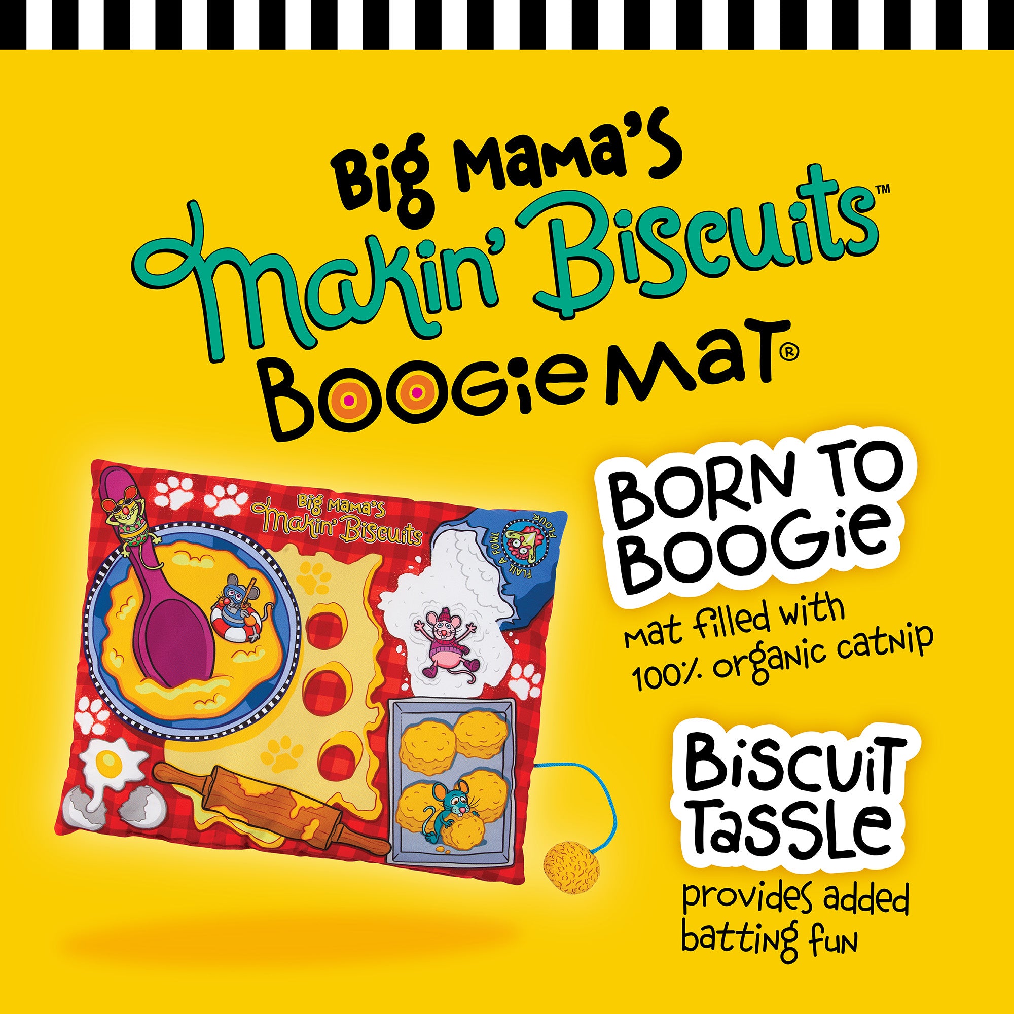 A vibrant ad for the FAT CAT Big Mamas Makin Biscuits Boogie Mat by Fatcat displays a mat bursting with 100% organic catnip. Playful cats and biscuit tassels pop against a bold yellow background, highlighting the benefits of this delightful Boogie Mat.