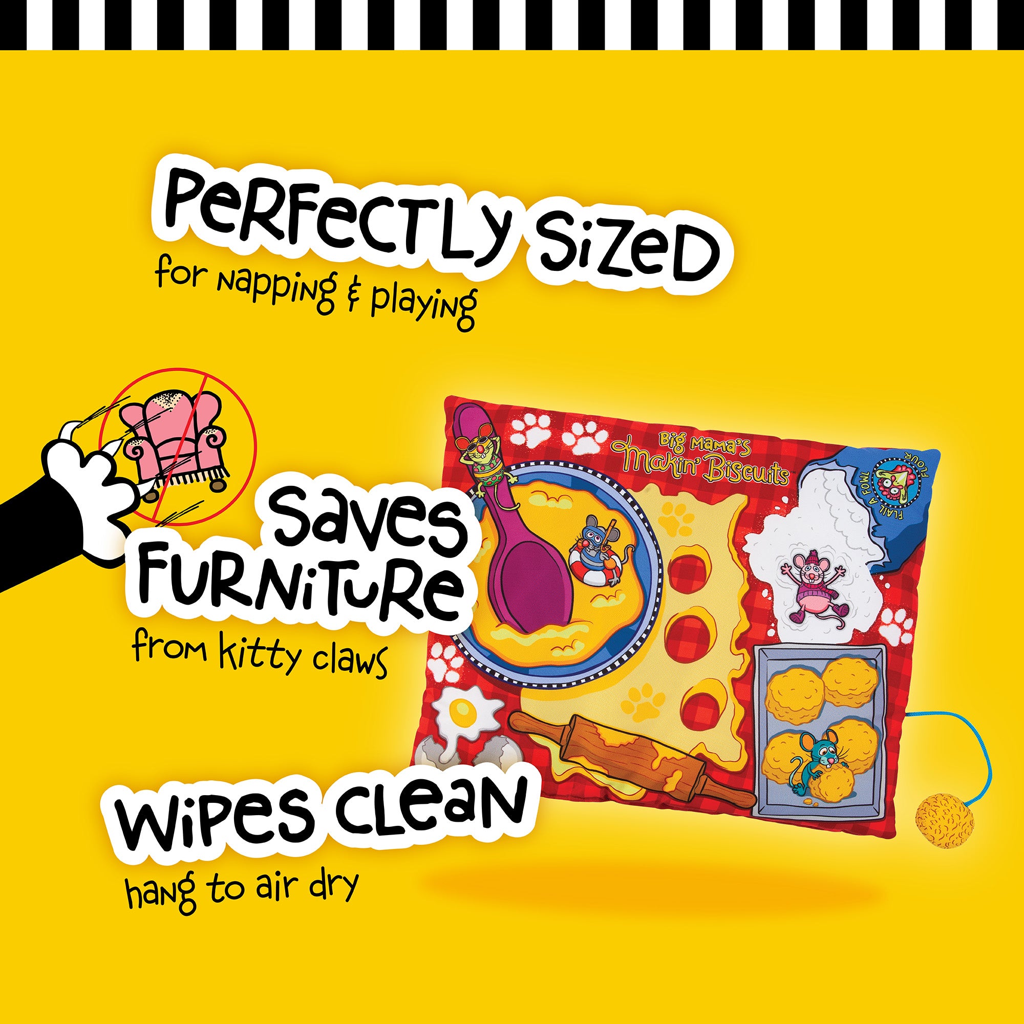 Image of a vibrant FAT CAT Big Mamas Makin Biscuits Boogie Mat by Fatcat featuring cartoon mice and organic catnip. Text highlights: Ideal for napping & playing, Protects furniture from kitty claws, and Easy to clean, air dry. Background is bright yellow.