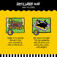 Instructions for the FAT CAT Big Mamas Makin Biscuits Boogie Mat: Step 1: Shake to spread the organic catnip and lay the mat on the floor. Step 2: Let your cat enjoy it. Both steps are illustrated with playful cartoon-style images. Brand: Fatcat.