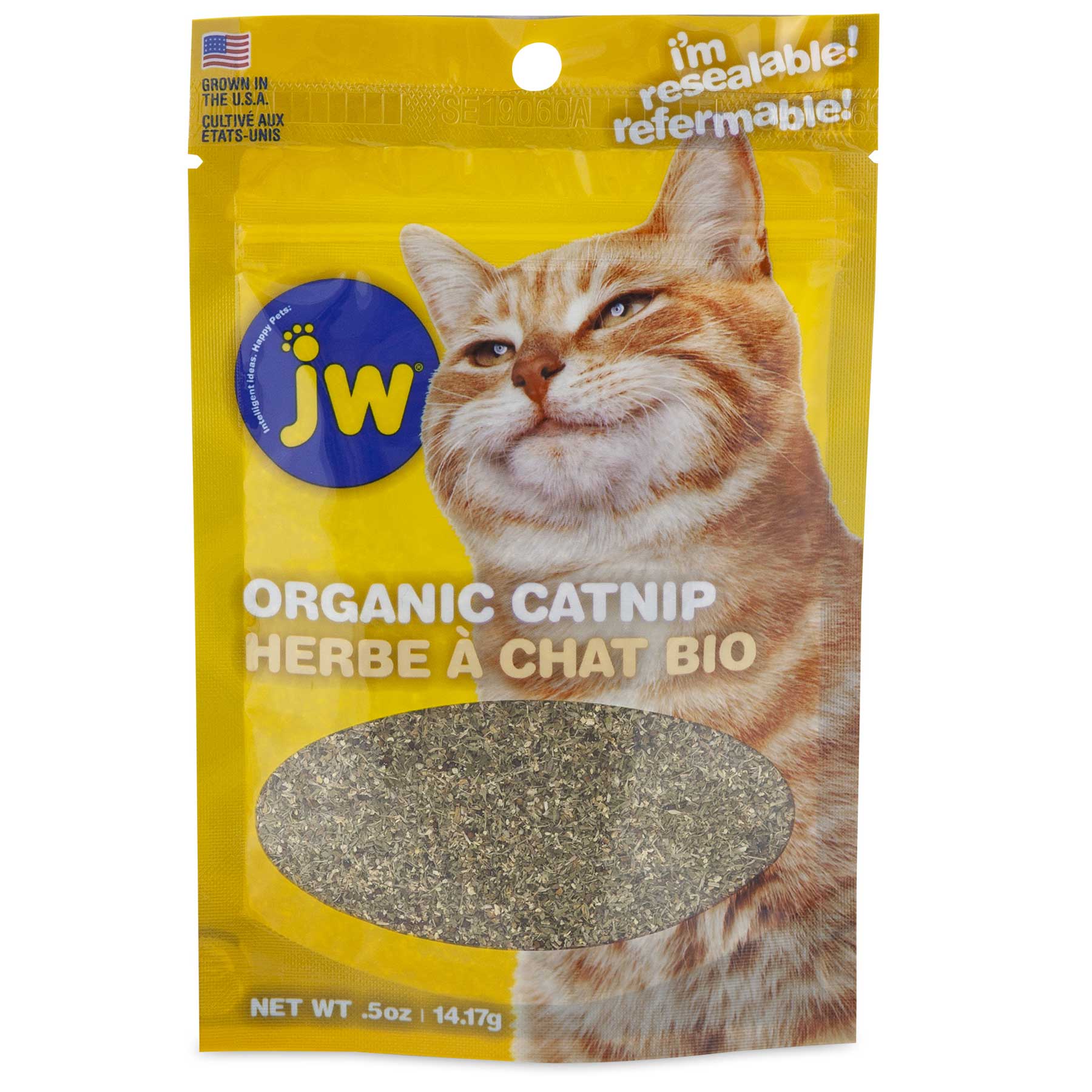 A 0.5 oz yellow resealable pouch of JW Organic Catnip displays a content orange tabby cat, emphasizing its 100% organic quality with English and French text, ensuring freshness for your feline friend.