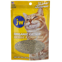 A 0.5 oz yellow resealable pouch of JW Organic Catnip displays a content orange tabby cat, emphasizing its 100% organic quality with English and French text, ensuring freshness for your feline friend.