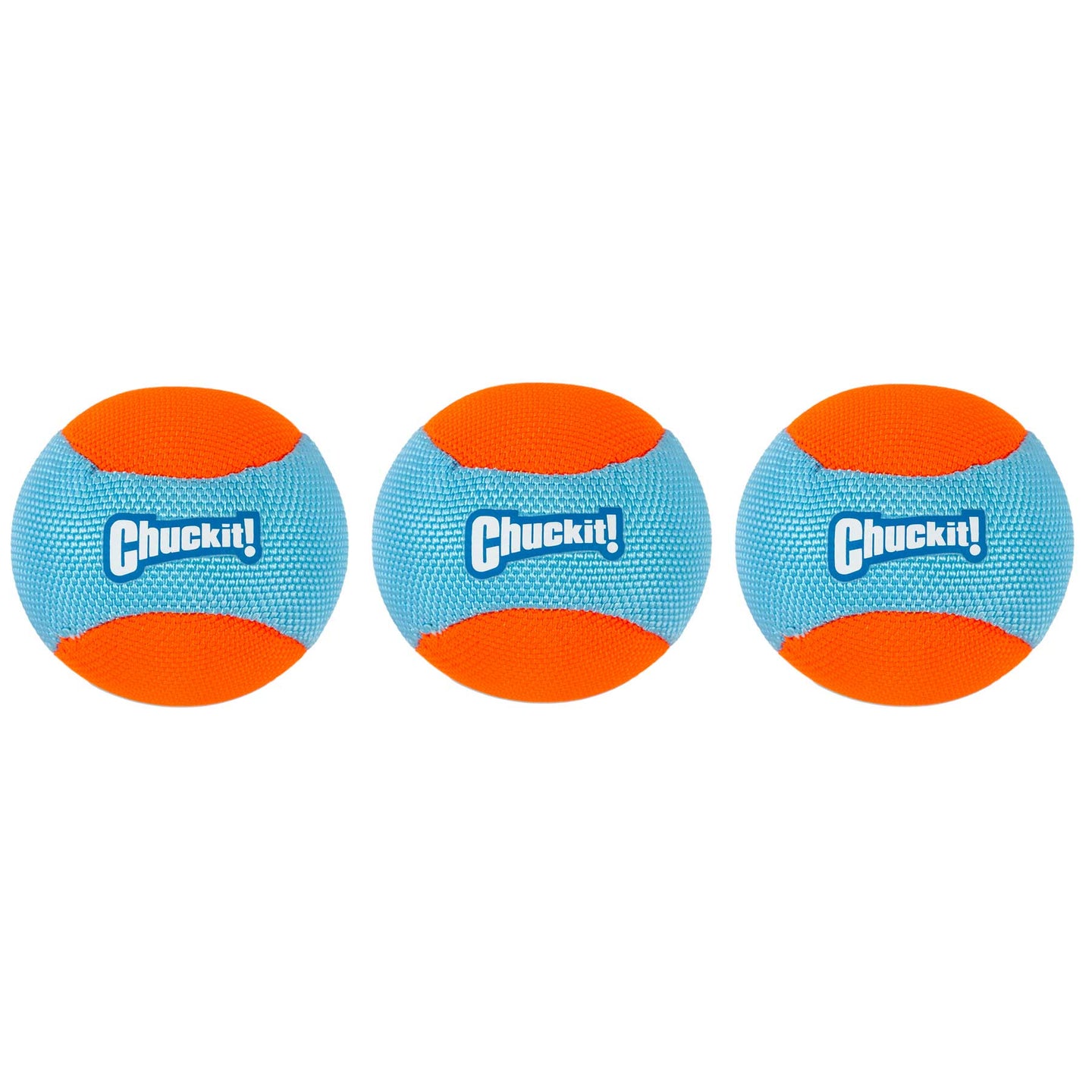 The Chuckit! Amphibious Fetch Balls Medium 3 Pack includes three vibrant balls, ideal for water-loving dogs. They feature a blue and orange design with alternating panels, perfect to pair with Chuckit! Launchers for endless fun.