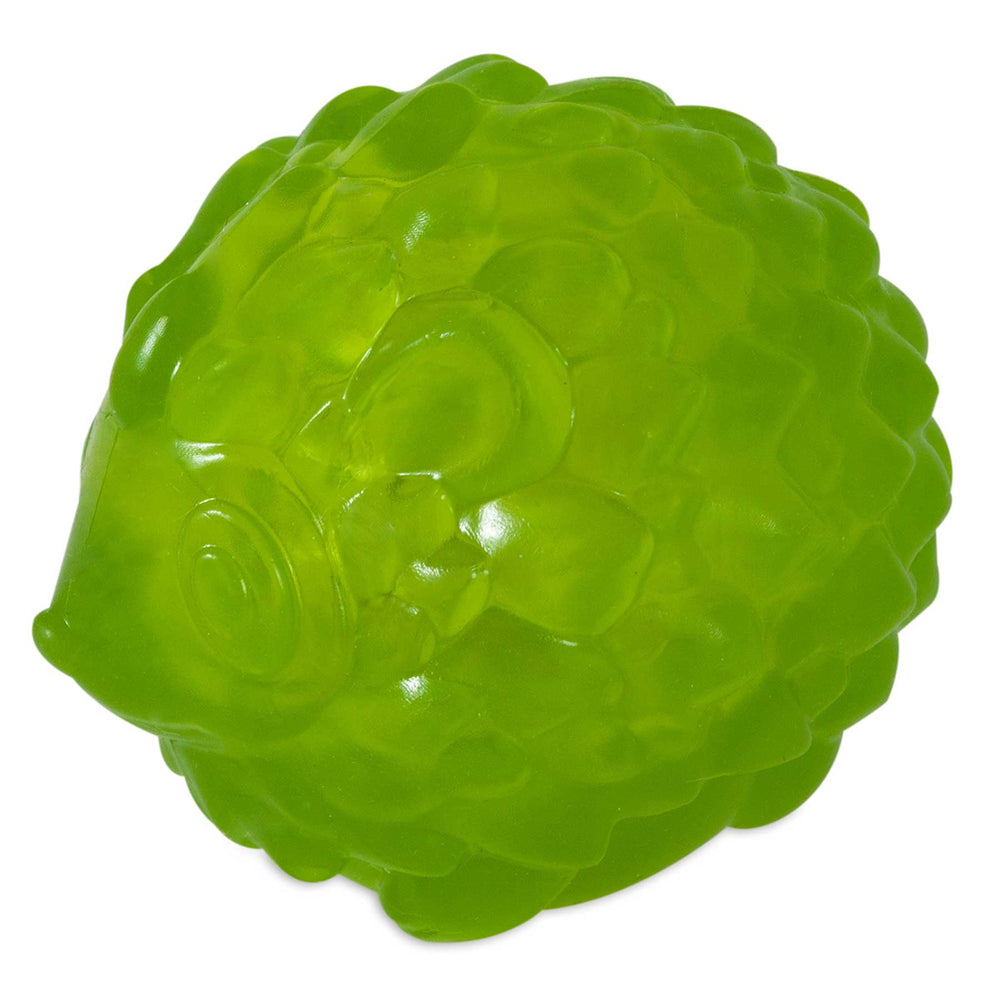A green, translucent gummy candy shaped like a hedgehog with detailed scales and a snout resembles the JW Hedgehog Squeaky Ball Dog Toy by Jw, known for its fun design and durable rubber.