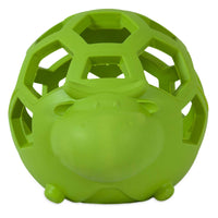 The green JW Hol-ee Cow Dog Toy by Jw features a cartoon hippo face, hexagonal cutouts, and a round design. Lightweight and ideal for small dogs, its perfect for chewing and playtime fun.