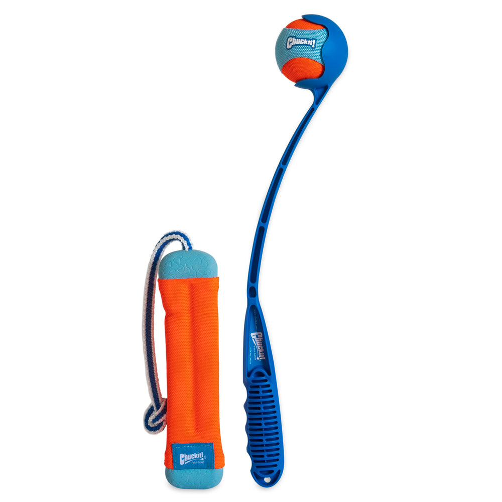 The Chuckit! Amphibious Fetch Pack features a blue and orange dog ball launcher with a ball, and an orange and blue floatable fetch toy with a rope handle, both made from durable materials and carrying Chuckits blue labels.